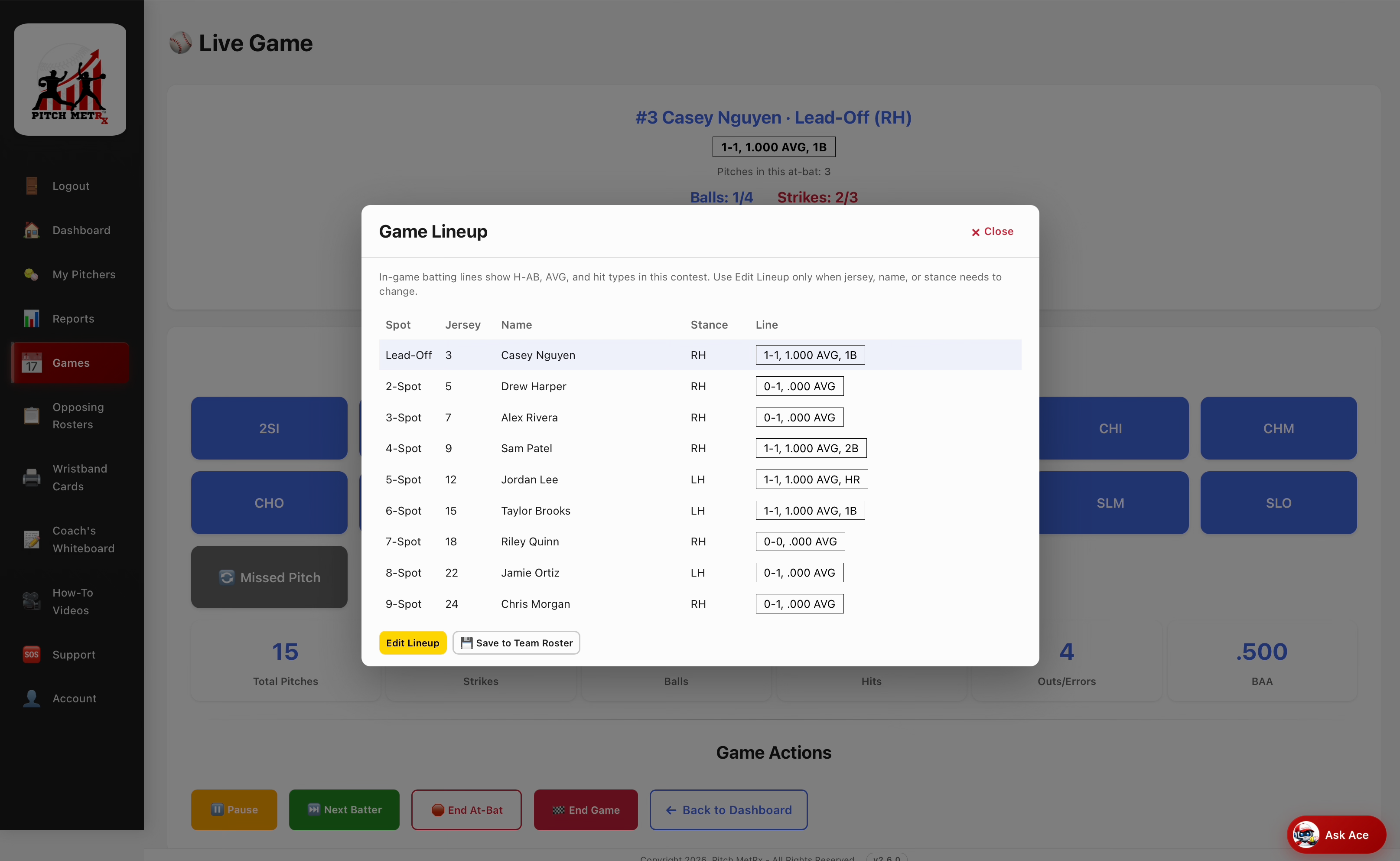 Live game lineup in Pitch MetRx on a laptop, showing named batters and batting-order spots